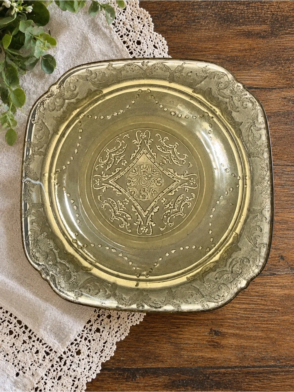 Vintage Amber Glass Dessert Plates Set of 4 Ornate Floral Scroll 6” Square